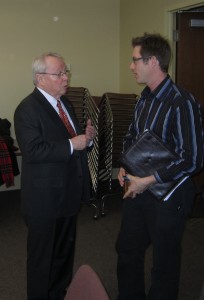Burlington has had relatively large community protest groups in the past. The Save our Waterfront group had more than 1000 members - did it achieve anything other than getting its founder elected to city hall? Here one of the masters of public involvement, former Toronto Mayor David Crombie talks with current SOW presisdent.
