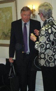 Stranger shows up for a service award and a free dinner.  Leo DeLoyde talks with fellow guest at the BEDC AGM