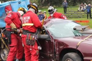 Burlington Fire Department’s auto extrication team works to save a mock patient trapped inside a vehicle during one of the simulated scenarios in the annual Vehicle Rescue Challenge.  2011 BFD Team members are as follows: Mark Eales (Team Captain), Derek Baranowski, Chris Porter, (Medic), Jenny Blain, Ryan Head and Mike Carroll 