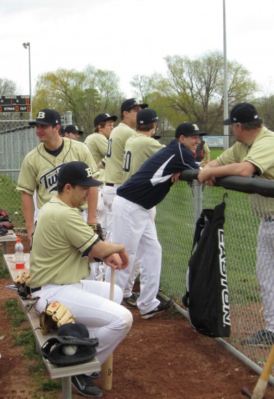 Burlington Twins rest up in the bull pen before the home opener at Nelson. Field was just a little on the damp side but it was a good game of baseball – final score of 7-4 for the other guys wasn’t very good though.