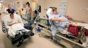 hospital gurney's in hallway With the beds in the upper levels of the hospital clogged with patients who don’t have long term care homes to go to – patients get held in emergency leading to JBMH having the longest wait times in the province.