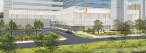 An architects rendering of the new entrance to the Joseph Brant Hospital whch will now face the lake.  The entrance will be off LAkeshore Road with the new parking lot just to the west of the hospital.