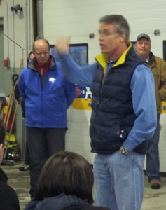 Mayor Rick Goldring explaining to Kilbride area residents what was being done and the time frames the repair crews were working to in their community.