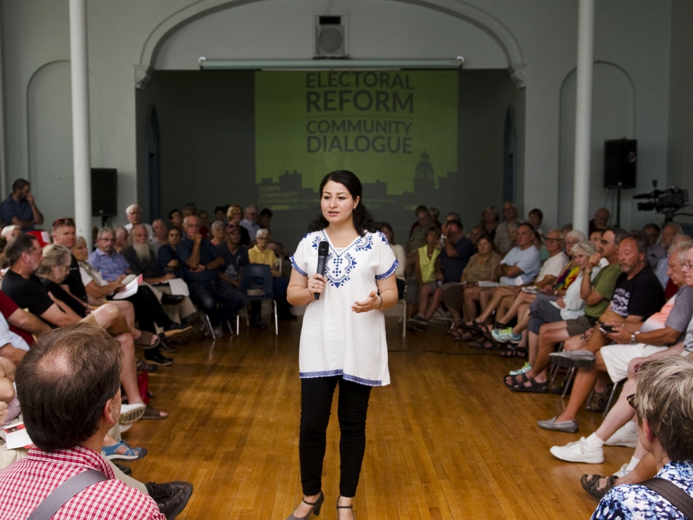 Minister of Democratic Institutions and Peterborough-Kawartha MP Maryam Monsef addresses the crowd during a town hall meeting on electoral reform at the Mount Community Centre on Tuesday, September 6, 2016. Monsef is on a seven-week, cross-country tour gathering input on democratic reform. Jessica Nyznik/Peterborough Examiner/Postmedia Network