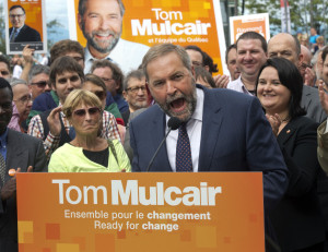 Federal NDP Leader Tom Mulcair speaks to supporters at a rally Wednesday, August 12, 2015 in Quebec City, Que. THE CANADIAN PRESS/Ryan Remiorz