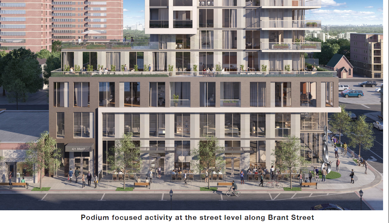 Podium portion along Brant St