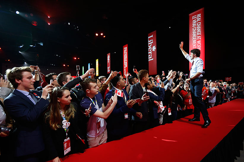 Prime Minister Justin Trudeau greets delegates at the 2016 Liberal Biennial Convention Winnipeg Saturday, May 28, 2016. Macleans/John Woods